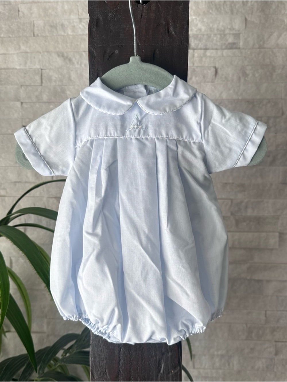 Petit Ami Light Blue Embroidered Sailboat Bubble Coastal Nautical Romper Preemie
